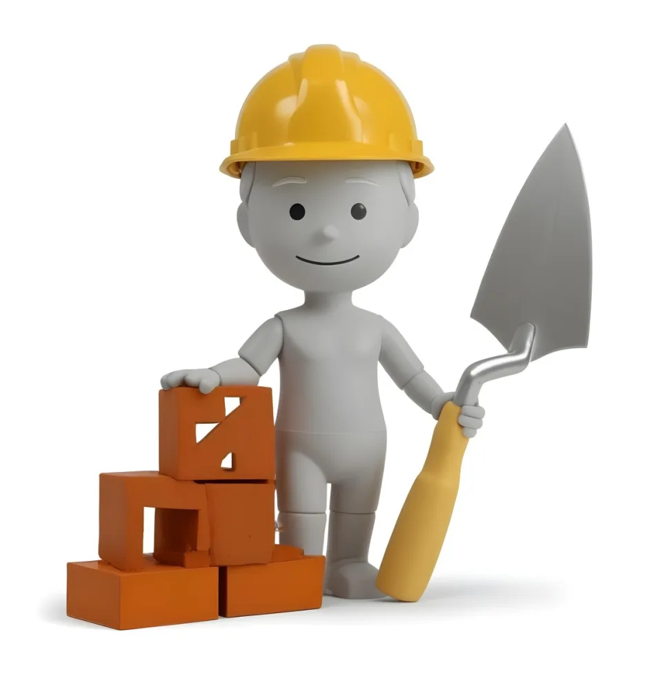 Minimal Soft Studio Light Photography A Small Gray Humanoid Figure Wearing A Yellow Hard Hat Holding A Trowel In One Hand And Standing Next To A Stack Of Orange Bricks The Background Is Plain And White High Detail 24 8b0d