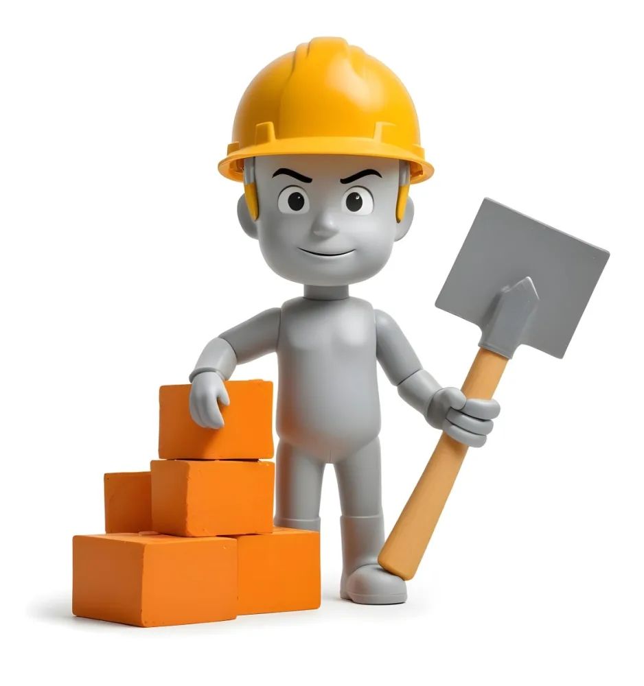 Minimal Soft Studio Light Photography A Small Gray Humanoid Figure Wearing A Yellow Hard Hat Holding A Trowel In One Hand And Standing Next To A Stack Of Orange Bricks The Background Is Plain And White High Detail 3 F24b