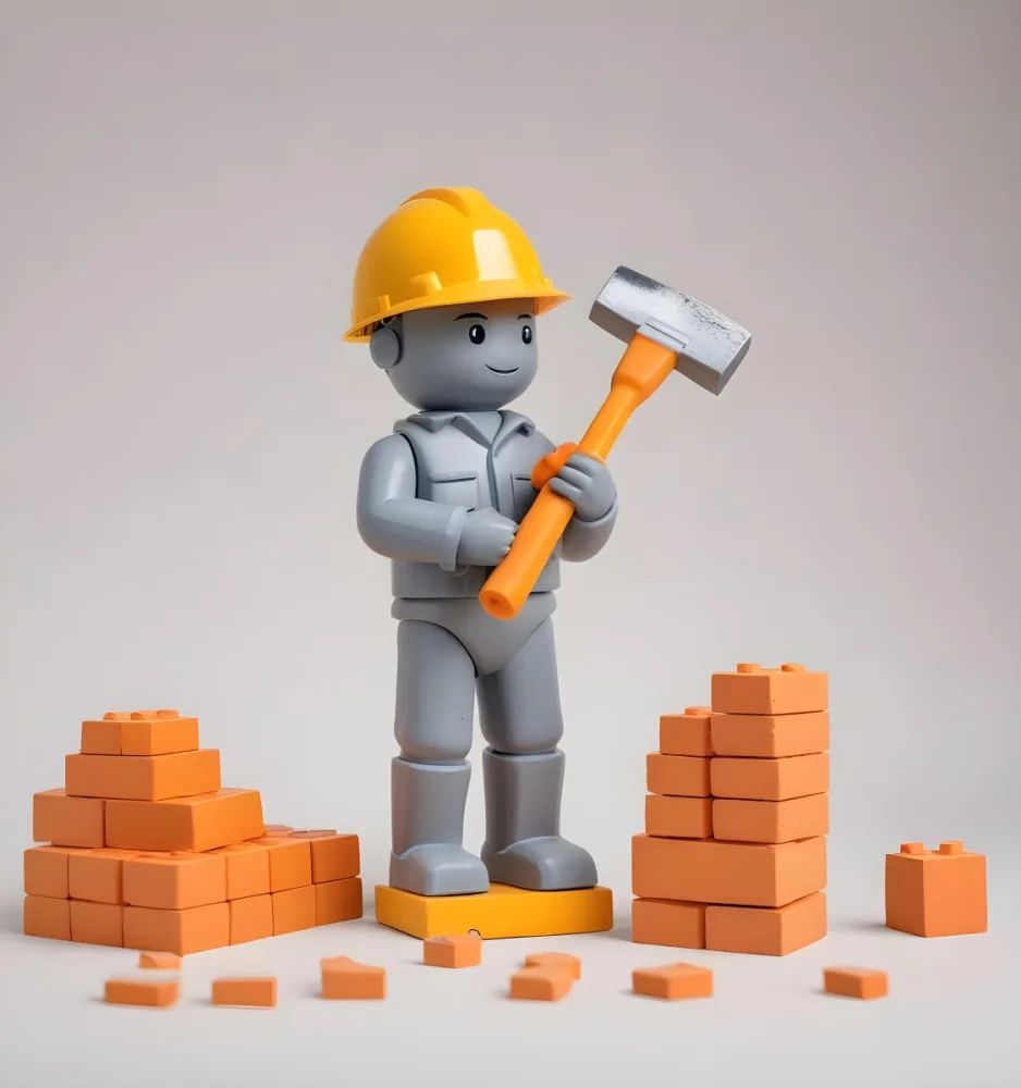 Minimal Soft Studio Light Photography A Small Gray Humanoid Figure Wearing A Yellow Hard Hat Holding A Trowel In One Hand And Standing Next To A Stack Of Orange Bricks The Background Is Plain And White High Detail 4 69ac