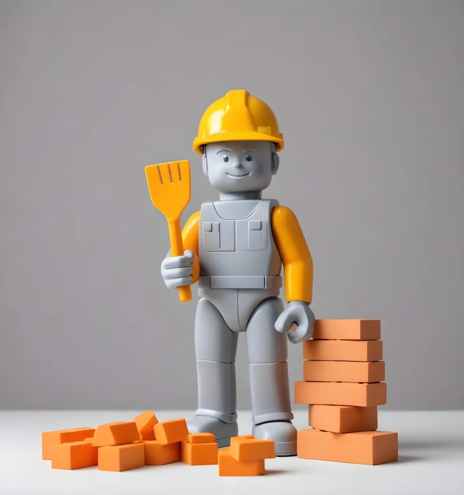 Minimal Soft Studio Light Photography A Small Gray Humanoid Figure Wearing A Yellow Hard Hat Holding A Trowel In One Hand And Standing Next To A Stack Of Orange Bricks The Background Is Plain And White High Detail 5 Afe3
