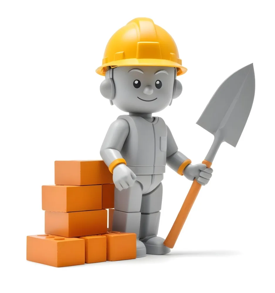 Minimal Soft Studio Light Photography A Small Gray Humanoid Figure Wearing A Yellow Hard Hat Holding A Trowel In One Hand And Standing Next To A Stack Of Orange Bricks The Background Is Plain And White High Detail 6 1c14
