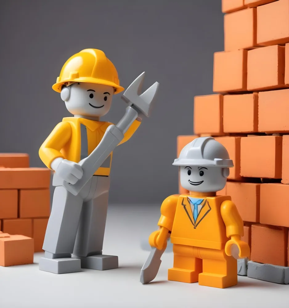 Minimal Soft Studio Light Photography A Small Gray Humanoid Figure Wearing A Yellow Hard Hat Holding A Trowel In One Hand And Standing Next To A Stack Of Orange Bricks The Background Is Plain And White High Detail 7 977e