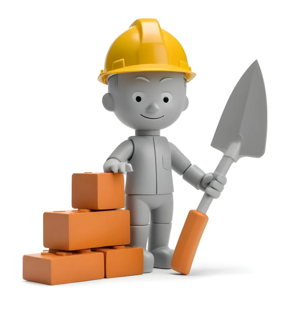 Minimal Soft Studio Light Photography A Small Gray Humanoid Figure Wearing A Yellow Hard Hat Holding A Trowel In One Hand And Standing Next To A Stack Of Orange Bricks The Background Is Plain And White High Detail 8 4ea6