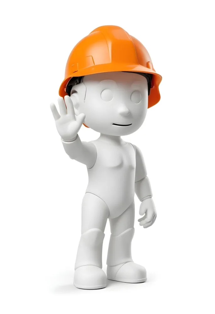 Minimal Soft Studio Light Photography A Small Stylized Humanoid Figure With A Smooth Featureless Surface Wearing An Orange Construction Helmet The Figure Is Standing Upright With One Hand Raised In A Waving Gesture 10 786a