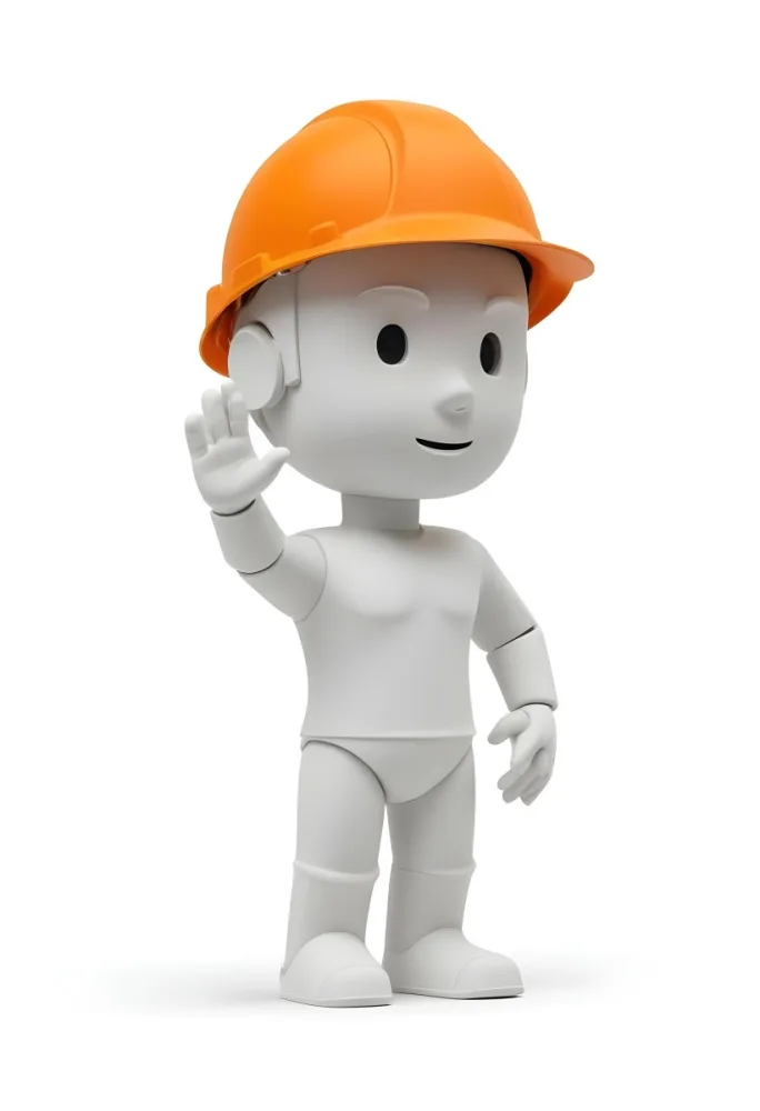 Minimal Soft Studio Light Photography A Small Stylized Humanoid Figure With A Smooth Featureless Surface Wearing An Orange Construction Helmet The Figure Is Standing Upright With One Hand Raised In A Waving Gesture 11 69e7
