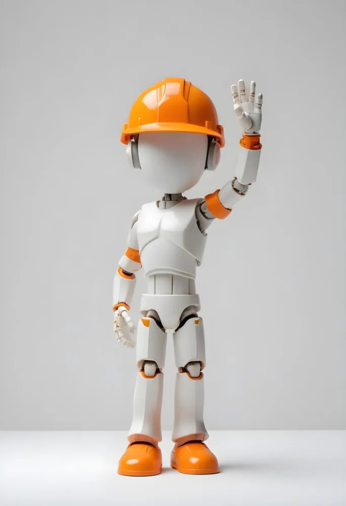 Minimal Soft Studio Light Photography A Small Stylized Humanoid Figure With A Smooth Featureless Surface Wearing An Orange Construction Helmet The Figure Is Standing Upright With One Hand Raised In A Waving Gesture 17 2310