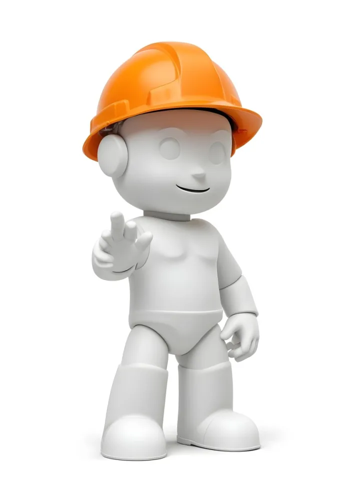 Minimal Soft Studio Light Photography A Small Stylized Humanoid Figure With A Smooth Featureless Surface Wearing An Orange Construction Helmet The Figure Is Standing Upright With One Hand Raised In A Waving Gesture 18 5352