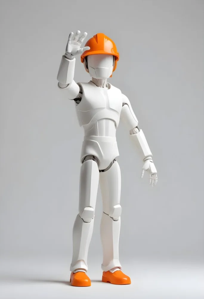 Minimal Soft Studio Light Photography A Small Stylized Humanoid Figure With A Smooth Featureless Surface Wearing An Orange Construction Helmet The Figure Is Standing Upright With One Hand Raised In A Waving Gesture 19 7ab5