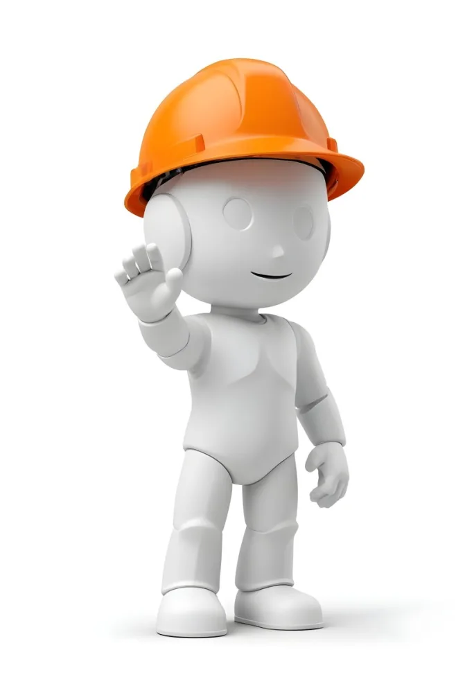 Minimal Soft Studio Light Photography A Small Stylized Humanoid Figure With A Smooth Featureless Surface Wearing An Orange Construction Helmet The Figure Is Standing Upright With One Hand Raised In A Waving Gesture 20 C778