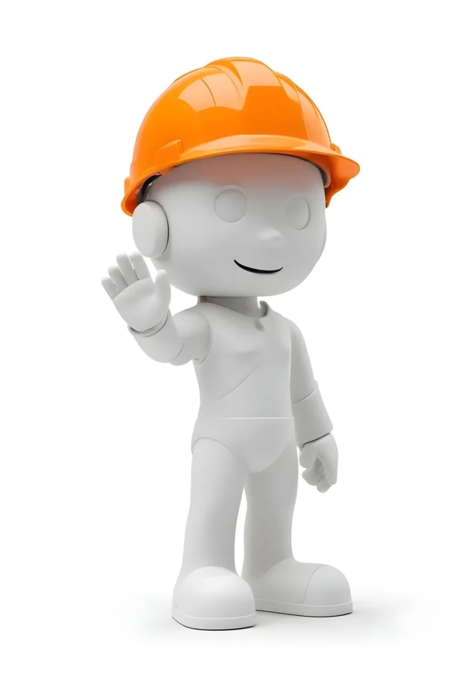 Minimal Soft Studio Light Photography A Small Stylized Humanoid Figure With A Smooth Featureless Surface Wearing An Orange Construction Helmet The Figure Is Standing Upright With One Hand Raised In A Waving Gesture 21 81d8