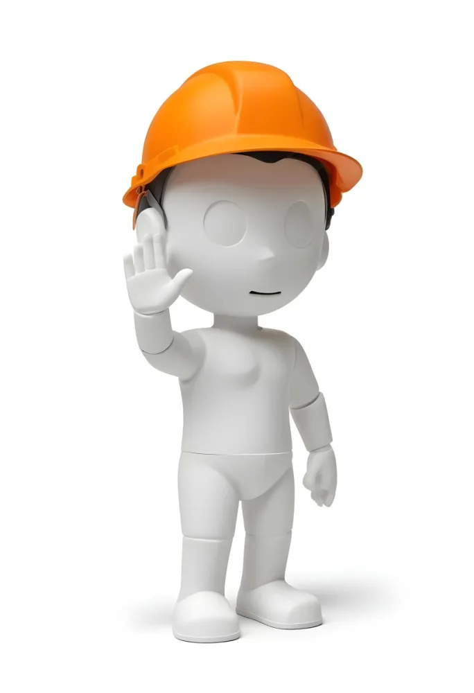 Minimal Soft Studio Light Photography A Small Stylized Humanoid Figure With A Smooth Featureless Surface Wearing An Orange Construction Helmet The Figure Is Standing Upright With One Hand Raised In A Waving Gesture 22 E499