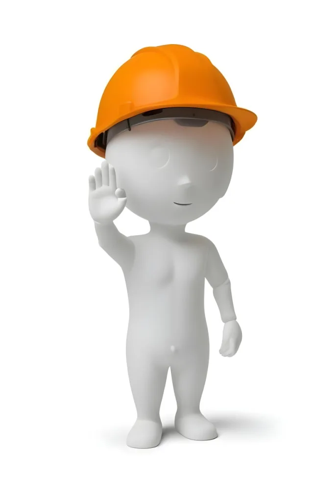 Minimal Soft Studio Light Photography A Small Stylized Humanoid Figure With A Smooth Featureless Surface Wearing An Orange Construction Helmet The Figure Is Standing Upright With One Hand Raised In A Waving Gesture 3 9404