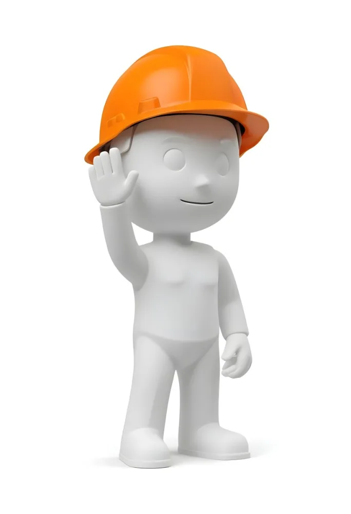 Minimal Soft Studio Light Photography A Small Stylized Humanoid Figure With A Smooth Featureless Surface Wearing An Orange Construction Helmet The Figure Is Standing Upright With One Hand Raised In A Waving Gesture 9 Ad03