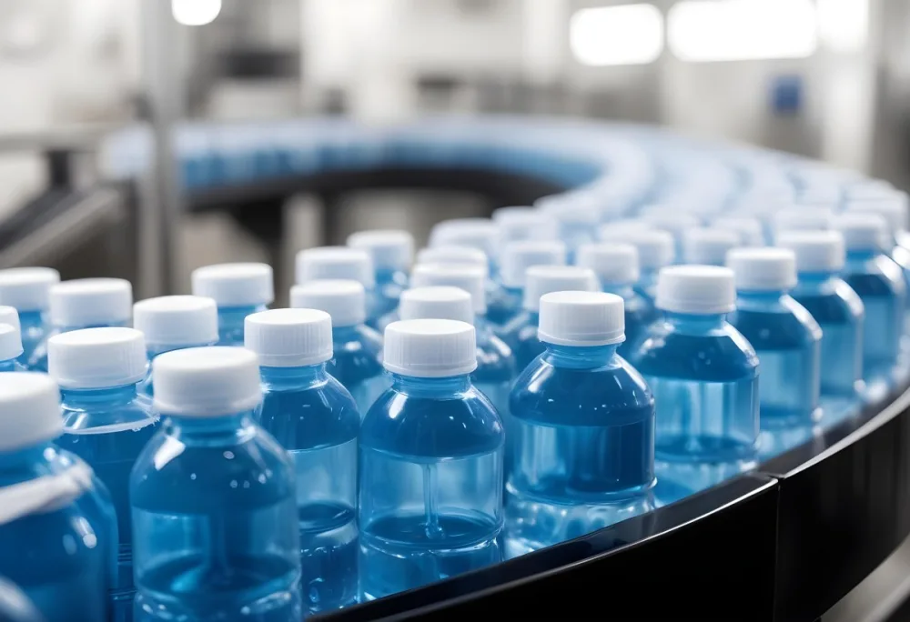 Plastic Bottles With Blue Liquid And Blue Caps On A Conveyor Belt Industrial Setting With Blurred Background 11 2766