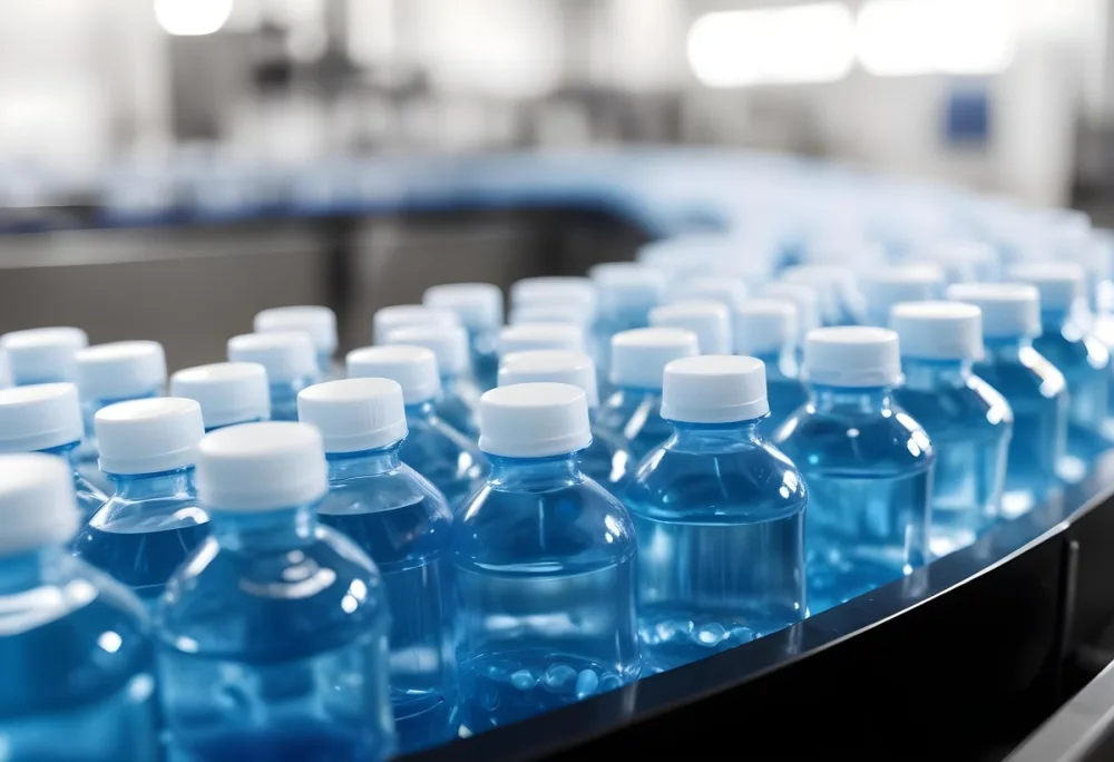 Plastic Bottles With Blue Liquid And Blue Caps On A Conveyor Belt Industrial Setting With Blurred Background 16 05ed