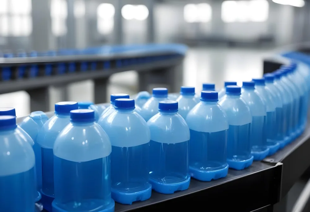 Plastic Bottles With Blue Liquid And Blue Caps On A Conveyor Belt Industrial Setting With Blurred Background 2 99bf