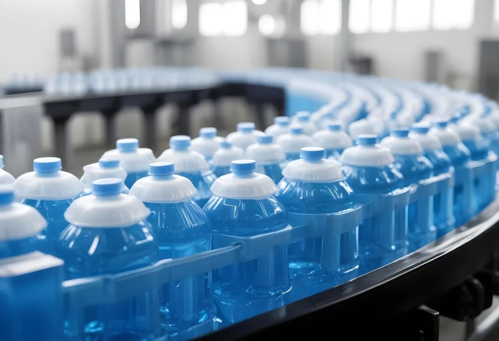 Plastic Bottles With Blue Liquid And Blue Caps On A Conveyor Belt Industrial Setting With Blurred Background 22 0c6c