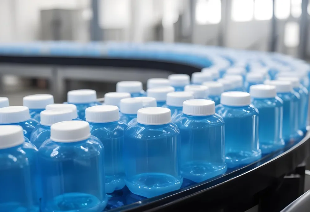 Plastic Bottles With Blue Liquid And Blue Caps On A Conveyor Belt Industrial Setting With Blurred Background 23 E61b
