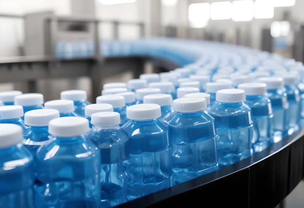 Plastic Bottles With Blue Liquid And Blue Caps On A Conveyor Belt Industrial Setting With Blurred Background 26 B833