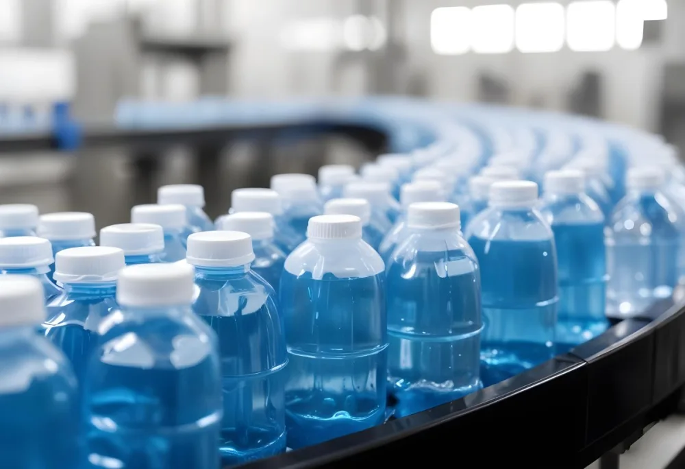 Plastic Bottles With Blue Liquid And Blue Caps On A Conveyor Belt Industrial Setting With Blurred Background 27 Ee19
