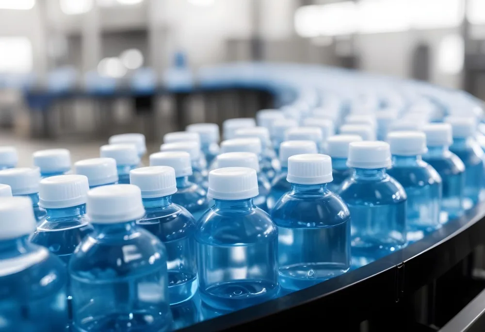 Plastic Bottles With Blue Liquid And Blue Caps On A Conveyor Belt Industrial Setting With Blurred Background 28 78be