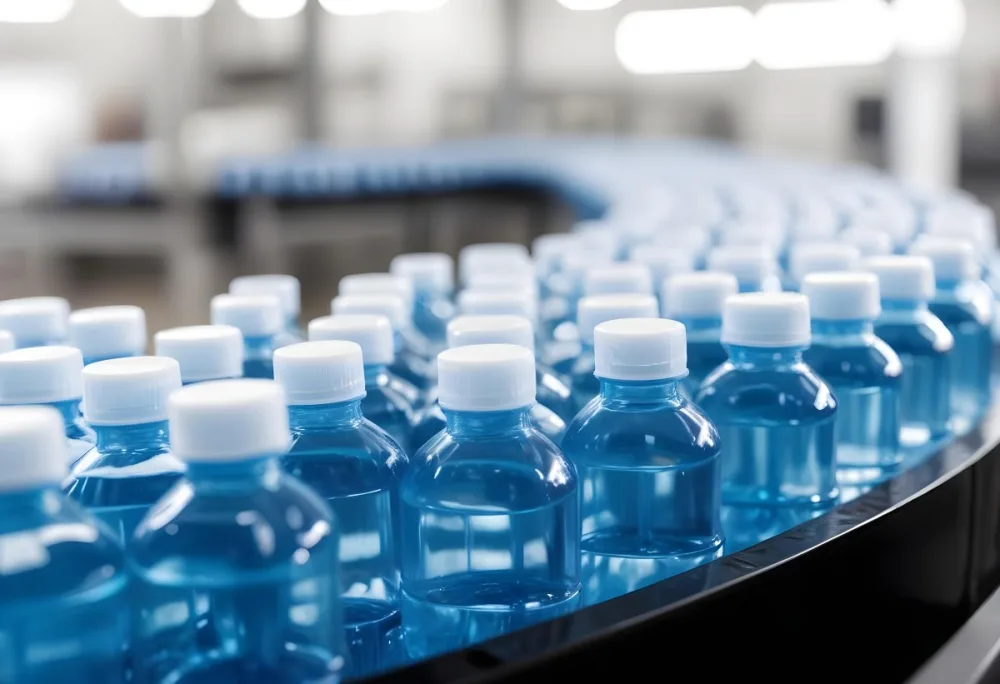 Plastic Bottles With Blue Liquid And Blue Caps On A Conveyor Belt Industrial Setting With Blurred Background 29 05bf