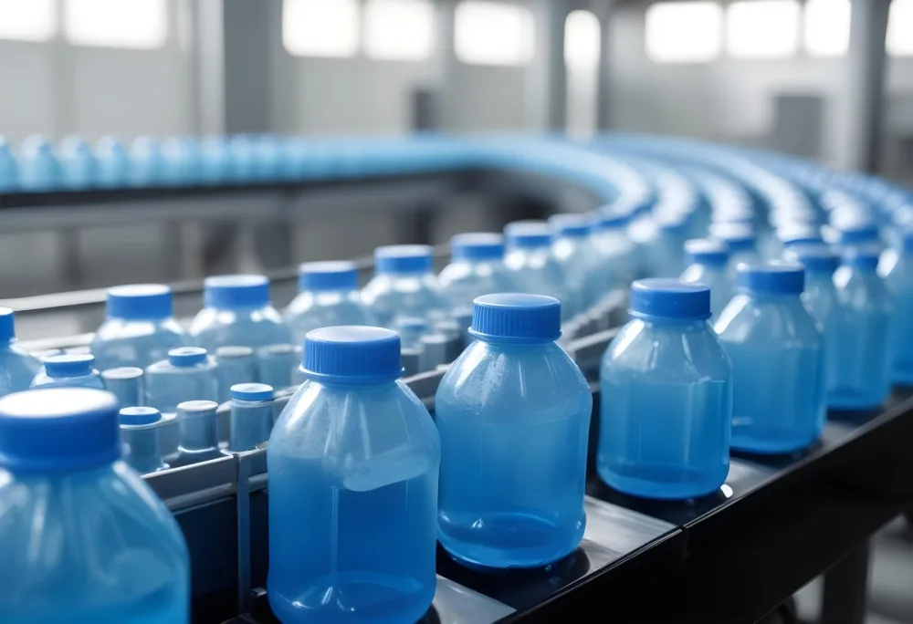 Plastic Bottles With Blue Liquid And Blue Caps On A Conveyor Belt Industrial Setting With Blurred Background 3 98d9