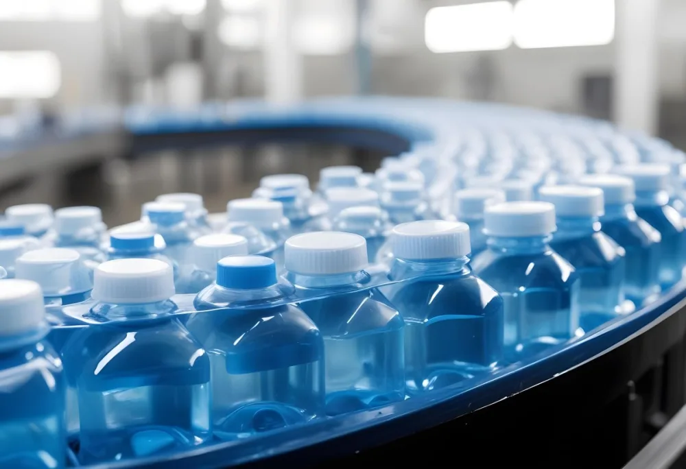 Plastic Bottles With Blue Liquid And Blue Caps On A Conveyor Belt Industrial Setting With Blurred Background 31 9960