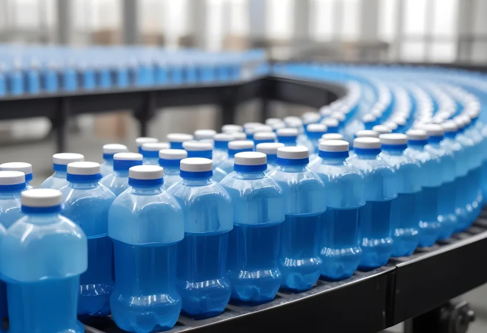Plastic Bottles With Blue Liquid And Blue Caps On A Conveyor Belt Industrial Setting With Blurred Background 4 11e8