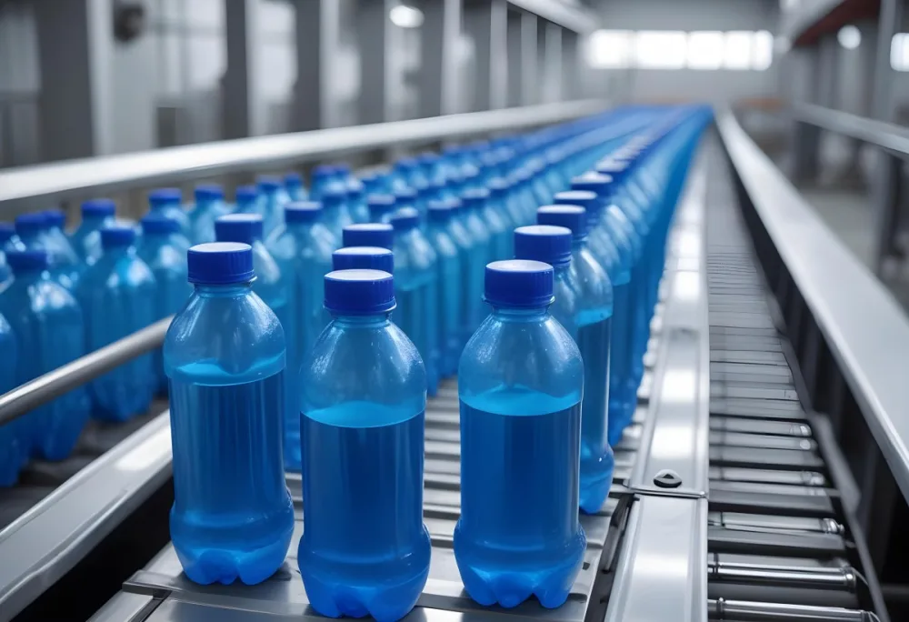 Plastic Bottles With Blue Liquid And Blue Caps On A Conveyor Belt Industrial Setting With Blurred Background 5 60e4