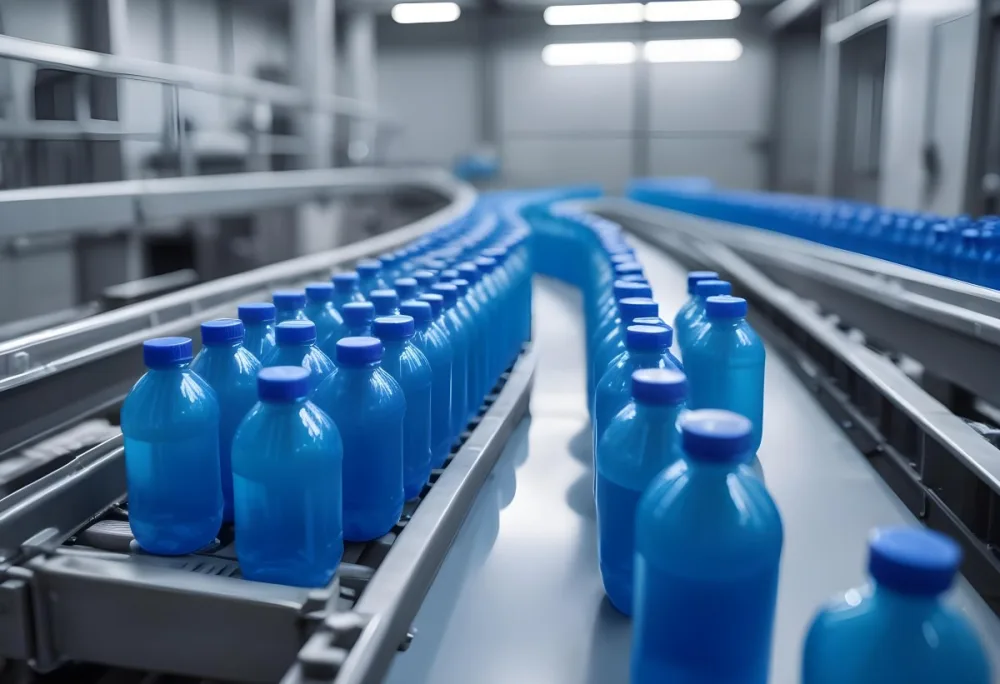 Plastic Bottles With Blue Liquid And Blue Caps On A Conveyor Belt Industrial Setting With Blurred Background 6 73eb