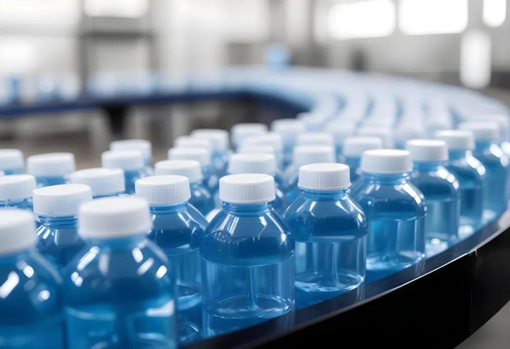 Plastic Bottles With Blue Liquid And Blue Caps On A Conveyor Belt Industrial Setting With Blurred Background 8 De17
