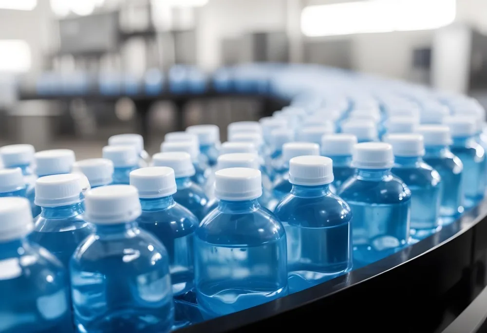 Plastic Bottles With Blue Liquid And Blue Caps On A Conveyor Belt Industrial Setting With Blurred Background 9 6b26