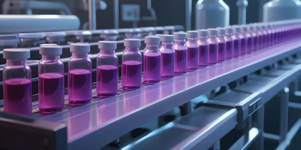 Row Of Glass Vials Filled With Purple Liquid On A Conveyor Belt A Hand With A Checklist In The Foreground Pharmaceutical Manufacturing Environment 1 1383
