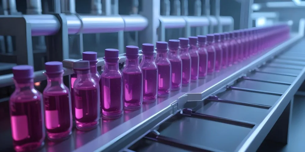 Row Of Glass Vials Filled With Purple Liquid On A Conveyor Belt A Hand With A Checklist In The Foreground Pharmaceutical Manufacturing Environment 2 66e6