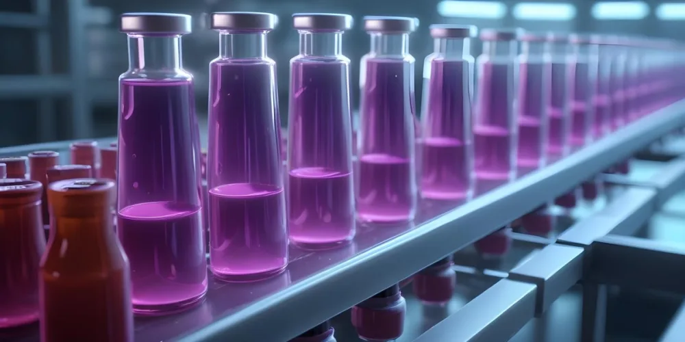 Row Of Glass Vials Filled With Purple Liquid On A Conveyor Belt A Hand With A Checklist In The Foreground Pharmaceutical Manufacturing Environment 3 B80c