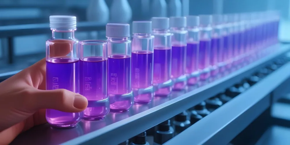 Row Of Glass Vials Filled With Purple Liquid On A Conveyor Belt A Hand With A Checklist In The Foreground Pharmaceutical Manufacturing Environment 4 0a94