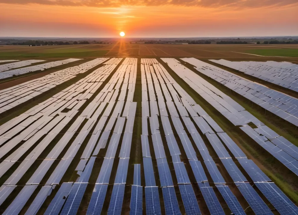 Solar Panel Field Reflecting The Orange Sunset The Panels Are Aligned In Rows The Sky Is Cloudy And Colorful The Environment Is A Rural Area 1 Cb62
