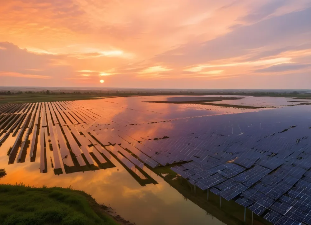 Solar Panel Field Reflecting The Orange Sunset The Panels Are Aligned In Rows The Sky Is Cloudy And Colorful The Environment Is A Rural Area 11 Dc9a