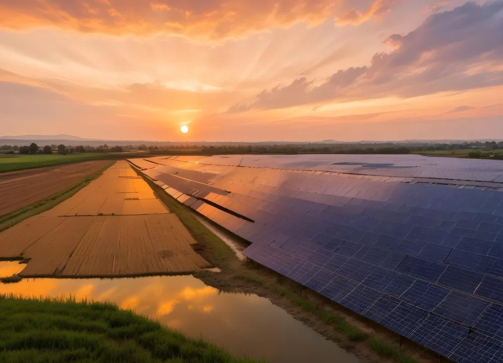 Solar Panel Field Reflecting The Orange Sunset The Panels Are Aligned In Rows The Sky Is Cloudy And Colorful The Environment Is A Rural Area 12 66e8