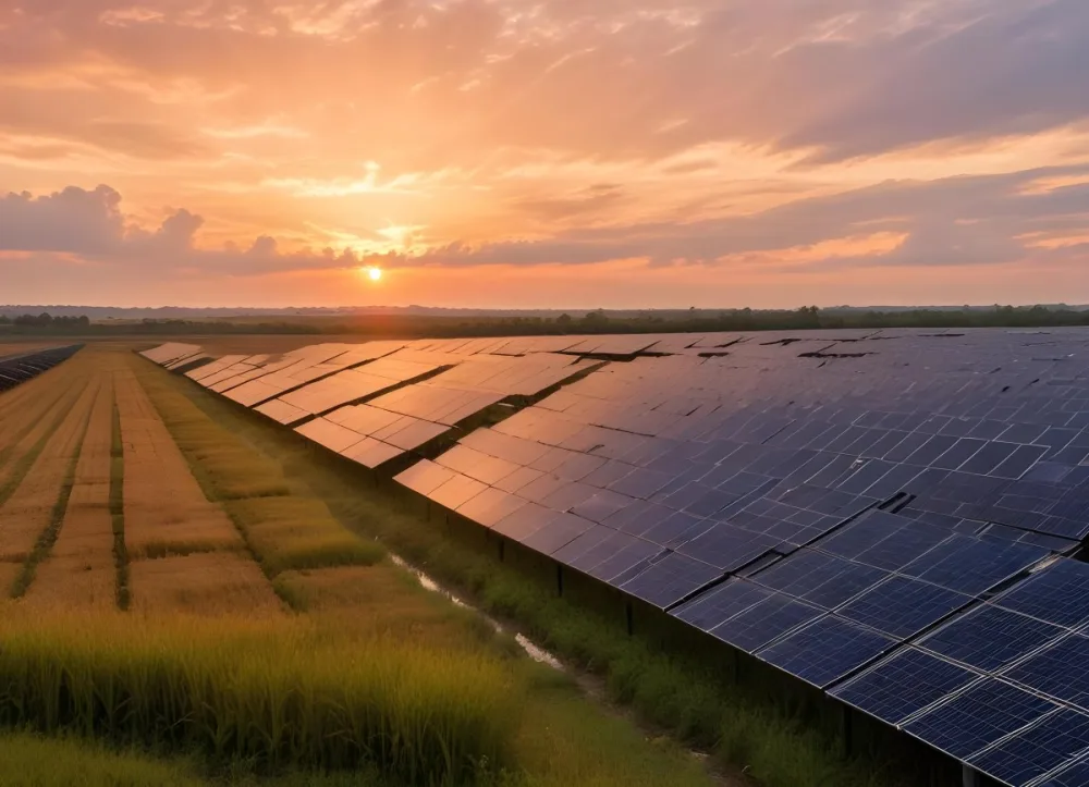 Solar Panel Field Reflecting The Orange Sunset The Panels Are Aligned In Rows The Sky Is Cloudy And Colorful The Environment Is A Rural Area 13 60a0