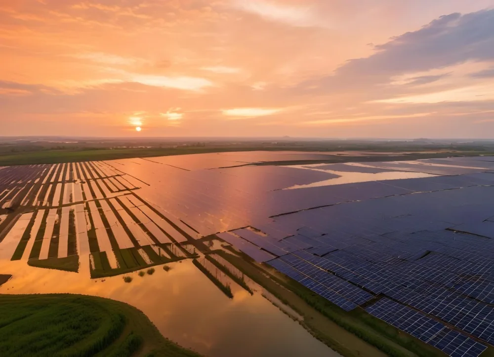 Solar Panel Field Reflecting The Orange Sunset The Panels Are Aligned In Rows The Sky Is Cloudy And Colorful The Environment Is A Rural Area 14 4553