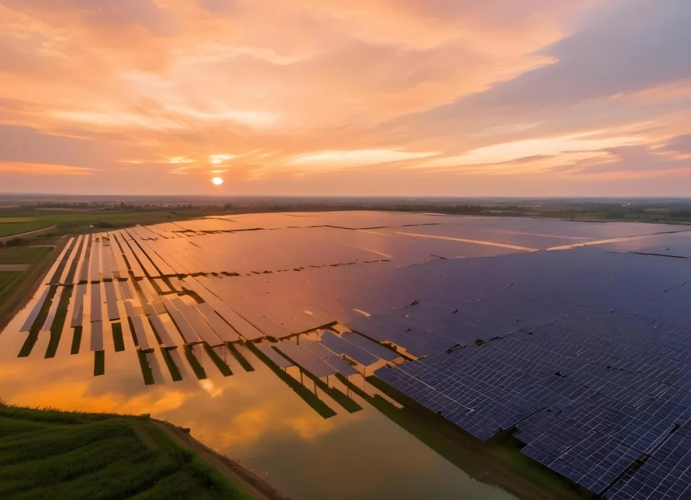 Solar Panel Field Reflecting The Orange Sunset The Panels Are Aligned In Rows The Sky Is Cloudy And Colorful The Environment Is A Rural Area 15 884a