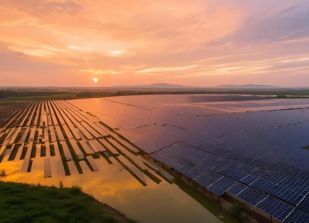 Solar Panel Field Reflecting The Orange Sunset The Panels Are Aligned In Rows The Sky Is Cloudy And Colorful The Environment Is A Rural Area 16 5d9d