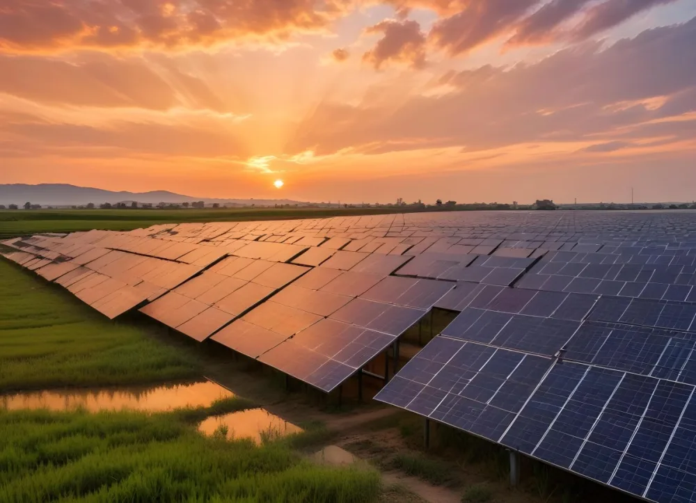 Solar Panel Field Reflecting The Orange Sunset The Panels Are Aligned In Rows The Sky Is Cloudy And Colorful The Environment Is A Rural Area 2 4d60