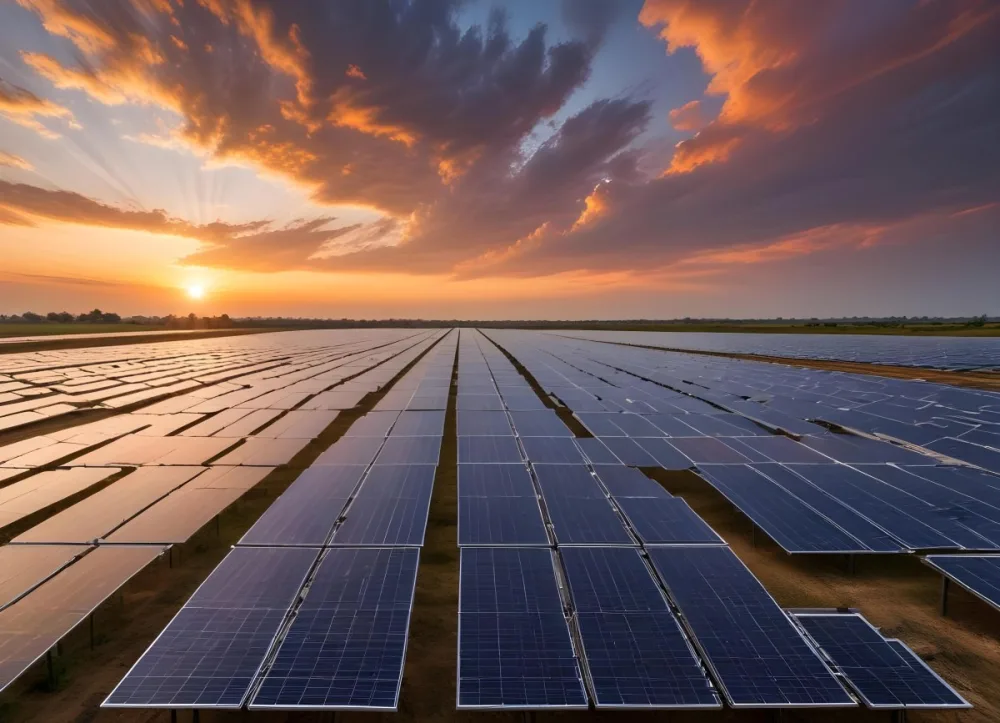 Solar Panel Field Reflecting The Orange Sunset The Panels Are Aligned In Rows The Sky Is Cloudy And Colorful The Environment Is A Rural Area 3 4c49