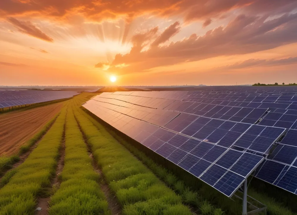 Solar Panel Field Reflecting The Orange Sunset The Panels Are Aligned In Rows The Sky Is Cloudy And Colorful The Environment Is A Rural Area 4 E2cf
