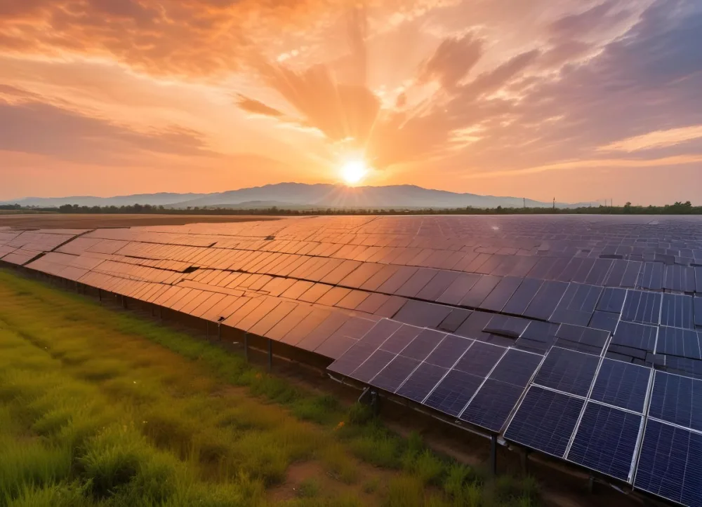 Solar Panel Field Reflecting The Orange Sunset The Panels Are Aligned In Rows The Sky Is Cloudy And Colorful The Environment Is A Rural Area 5 5965