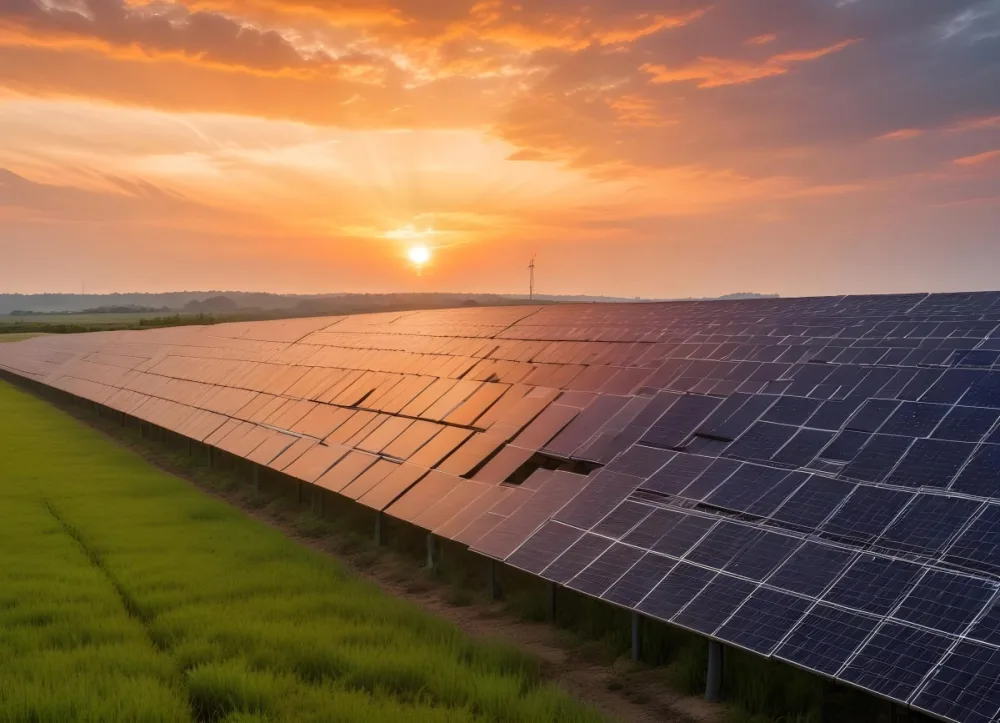 Solar Panel Field Reflecting The Orange Sunset The Panels Are Aligned In Rows The Sky Is Cloudy And Colorful The Environment Is A Rural Area 6 08f3