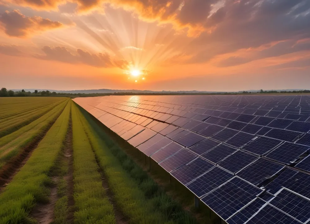 Solar Panel Field Reflecting The Orange Sunset The Panels Are Aligned In Rows The Sky Is Cloudy And Colorful The Environment Is A Rural Area 7 01cd